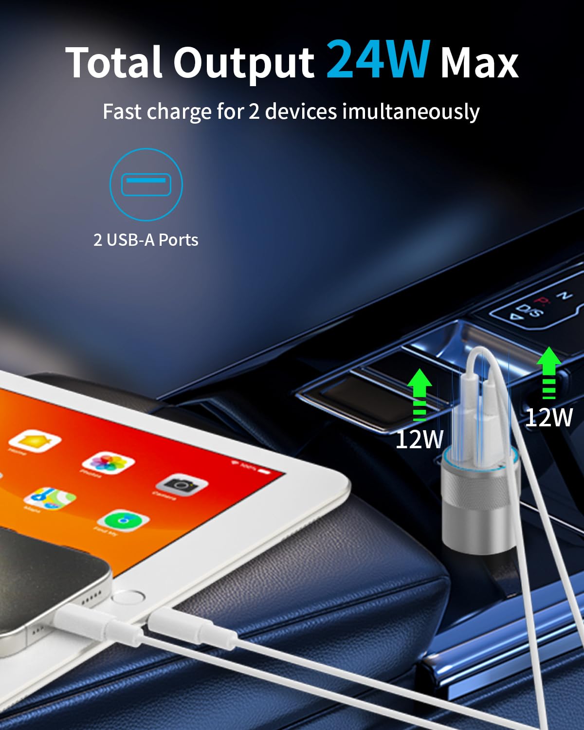 24W Dual USB Car Charger with 3FT Cables