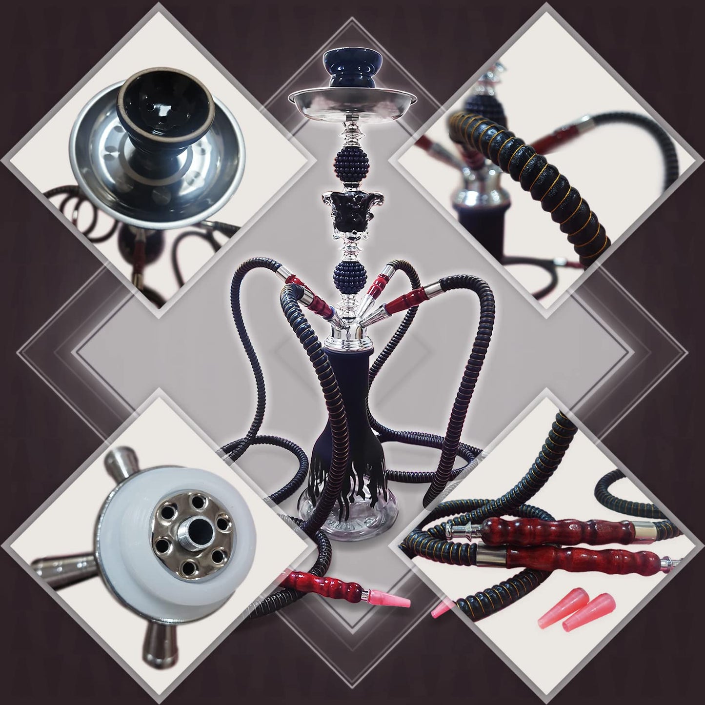 23'' Premium Hookah Set, Hookah Complete Set Hookah Shisha set with Everything, 50 Disposable Tips, 50 Pre-Punched Aluminum Foil, Up To 4 Persons(Black)