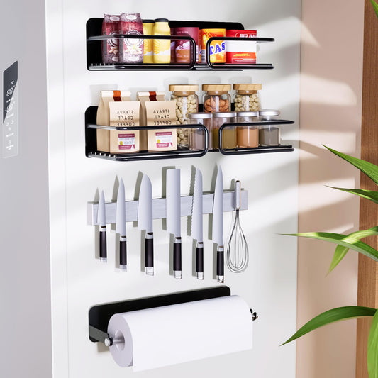 Magnetic Spice Rack for Refrigerator, Magnetic Paper Towel Holder, Stainless Steel Magnetic Knife Holder, Magnet Fridge Kitchen Organizers Storage, Spice Rack Organizer Kitchen Gadgets Storage