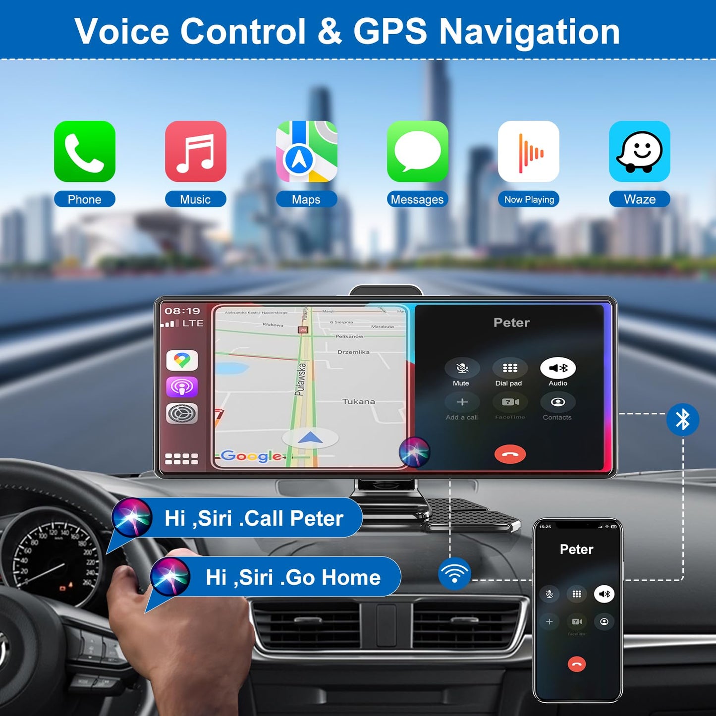 Apple Carplay Screen for Car,10.26" HD Portable Touch Screen Car Stereo Play Car Audio Receivers with Wireless Android Auto,4K Dash Cam/1080P Rear Camera,GPS Navigation,Mirror Link,Bluetooth,FM,Siri