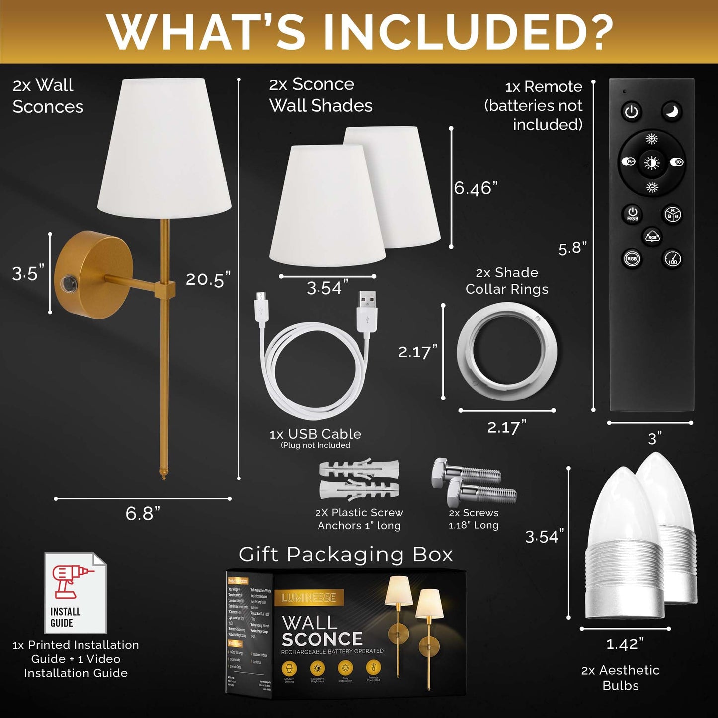LUMINESSE Battery Operated Wall Sconces Set of Two