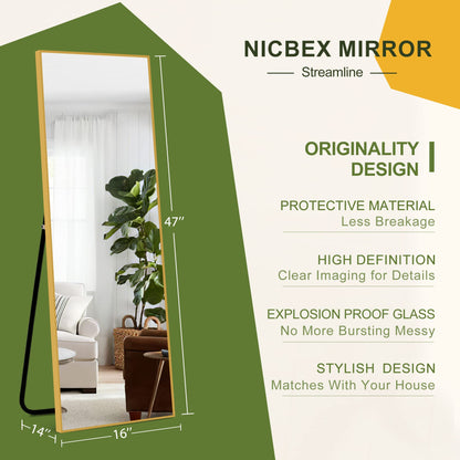 NicBex Full Length Mirror, 47x16 Inch Aluminum Alloy Frame Large Wall Mirror, Vanity Mirror, Bedroom Mirror, Dressing Mirror, Living Room Mirror,Gold