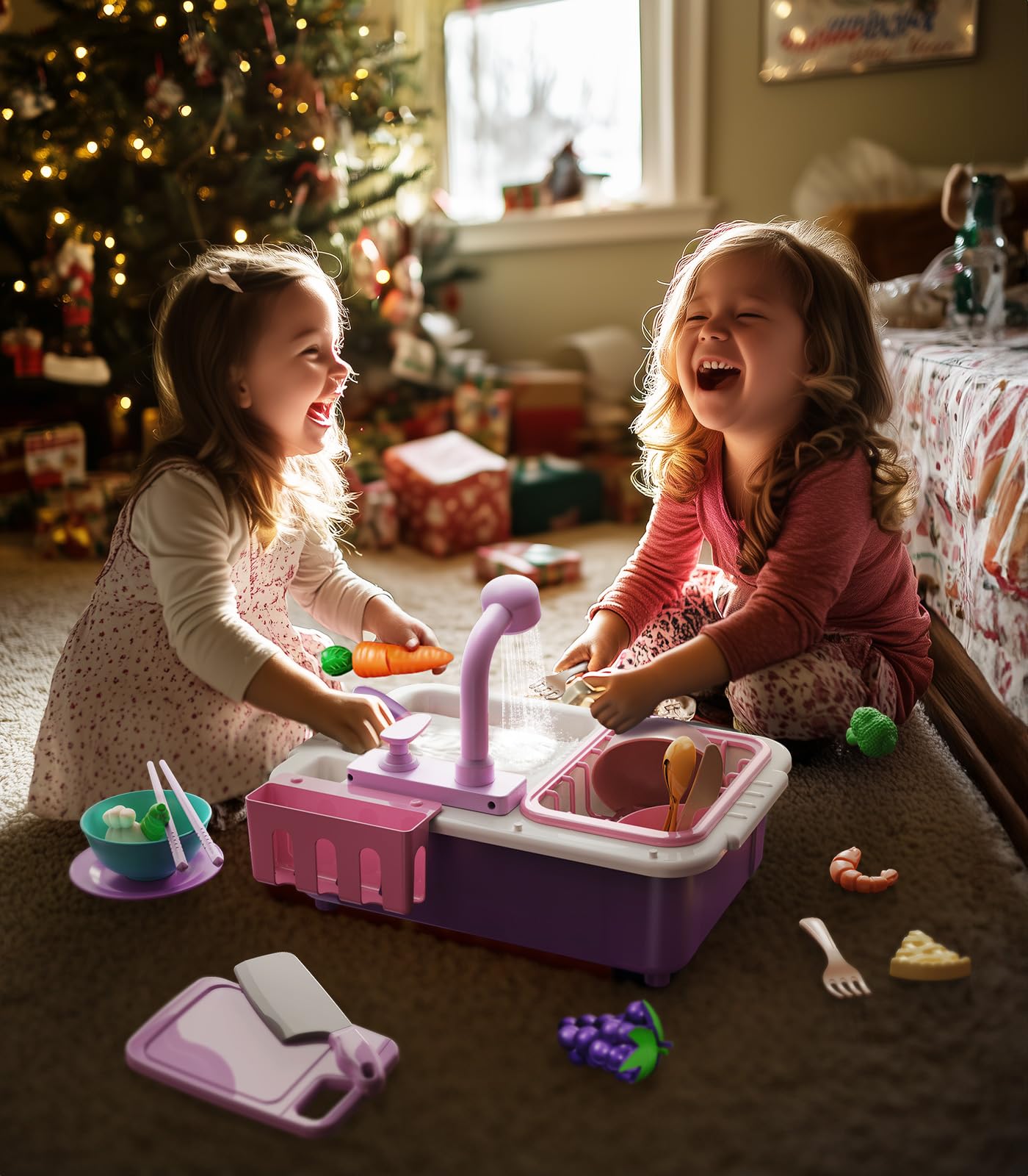 Geyiie Kitchen Sink Toy for Toddlers, Play Sink with Running Water, Upgraded Real Faucet, Dish Rack & Play Cutting Food, Kids Kitchen Sink Toy Gifts for 3 4 5 6 7 Years Old