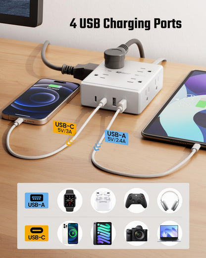 10Ft Extension Cord with 8 Outlets & USB Ports
