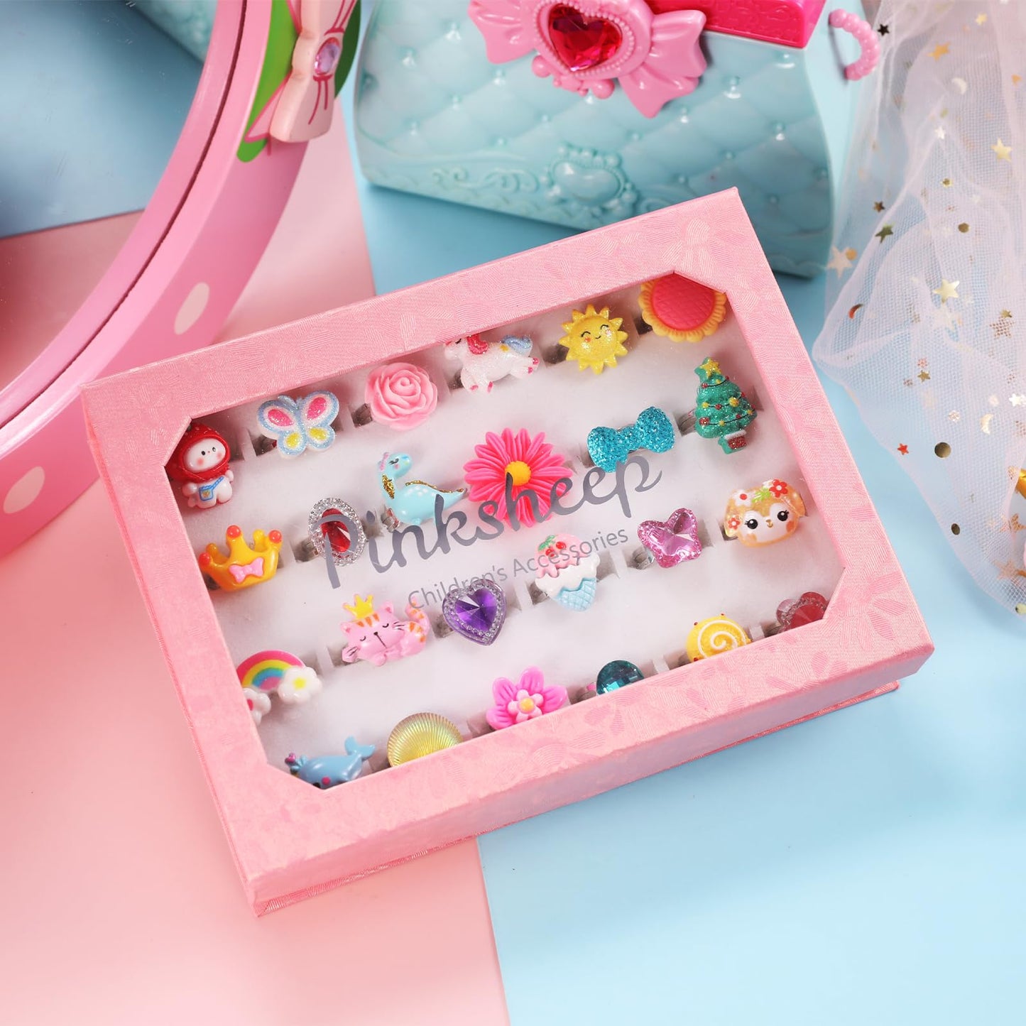 Adjustable Pretend Play Girl Jewel Rings Set