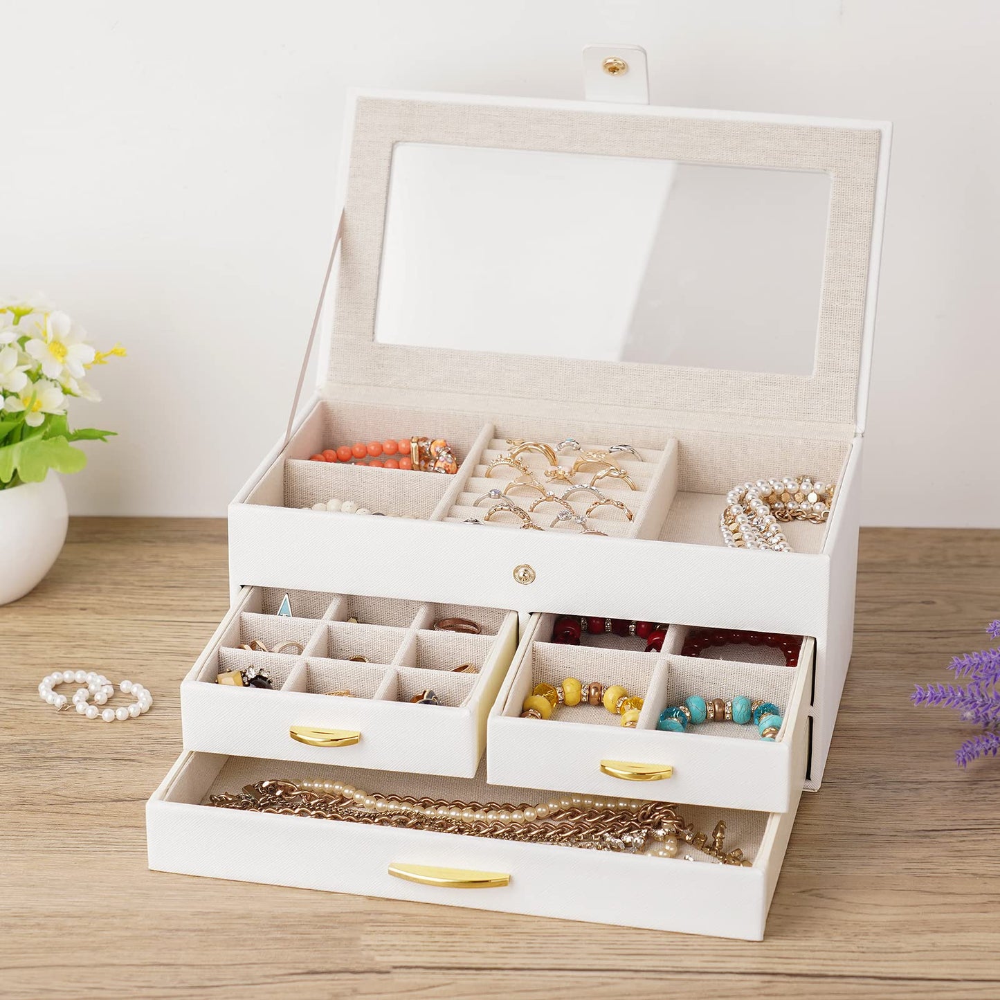 Kadolina Jewelry Box for Women Girls 3 Layers Large Jewelry Organizer with Glass Lid, 3 Drawers Jewelry Storage Case Removable Tray for Earrings Rings Necklace Bracelets Watches (White)