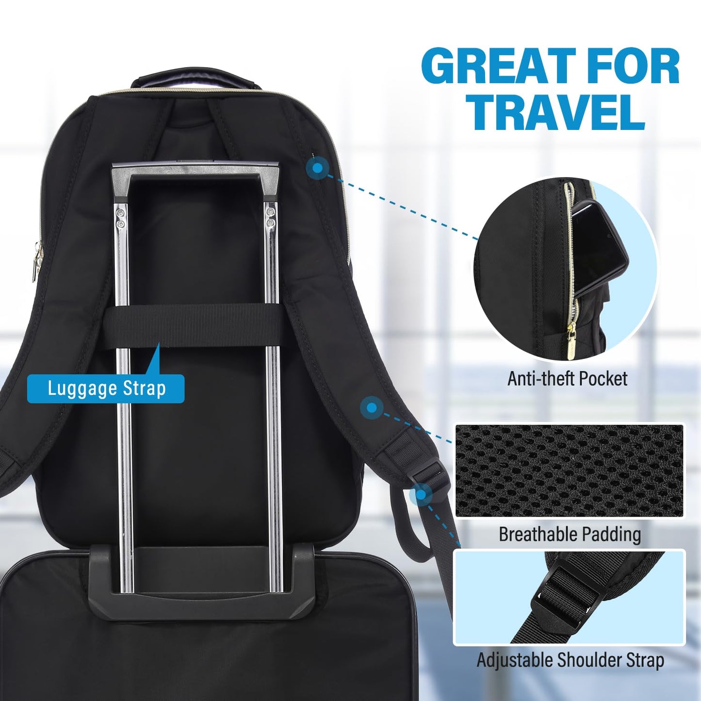 LOVEVOOK Laptop Backpack Purse for Women, Work Business Travel Computer Bags with 15.6 Inch Laptop Compartment, Teacher Nurse Backpack for Womens, Quilted Casual Daypack with USB Port, Black