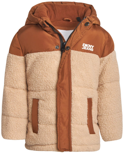 DKNY Toddler Boys Jacket - Heavyweight Polar Fleece Lined Sherpa Layette Bubble Puffer Jacket - Infant Winter Jacket (12M-4T), Size 12 Months, Timber