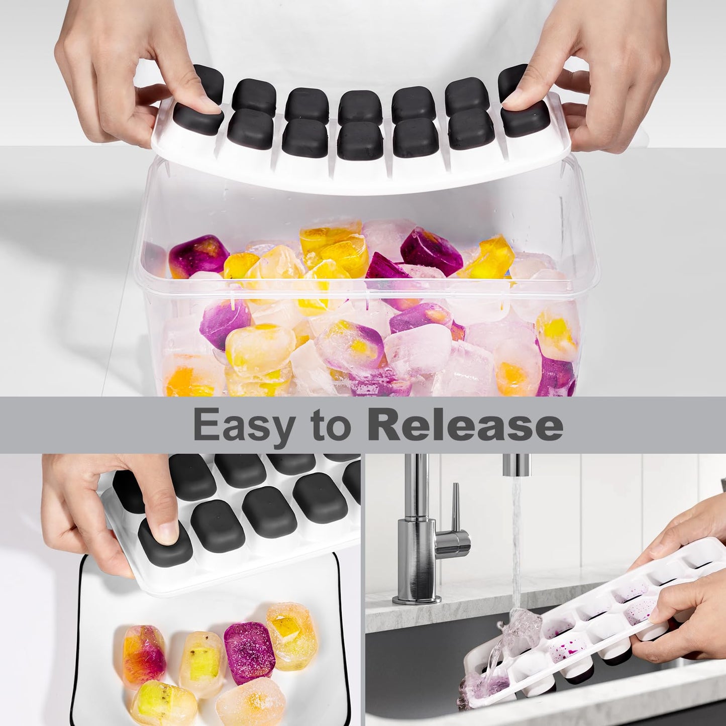 Ice Cube Tray, 5 Pack Stackable Silicone Rectangular 14-Ice Cube Tray Set with Lid, BPA-Free Sturdy Reusable Freezer Ice Trays for Drinks, Cocktails & Coffee - Easy Release（Black）