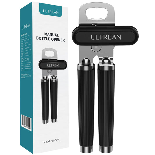 Ultrean Manual Can Opener Bottle Opener, Heavy Duty Stainless Steel Smooth Edge Manual Hand Held Can Opener With Soft Touch Handle, Rust Proof Oversized Handheld Easy Turn Knob (Black)