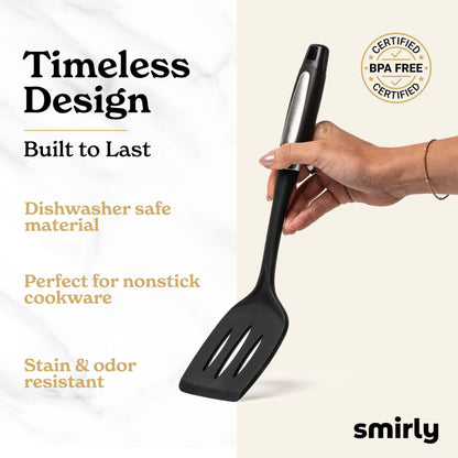 Silicone Kitchen Utensils Set & Holder: Cooking Utensils Set - Kitchen Essentials for New Home & 1st Apartment- Silicone Spatula Set, Cooking Spoons for Nonstick Cookware (Stainless Steel, Black)