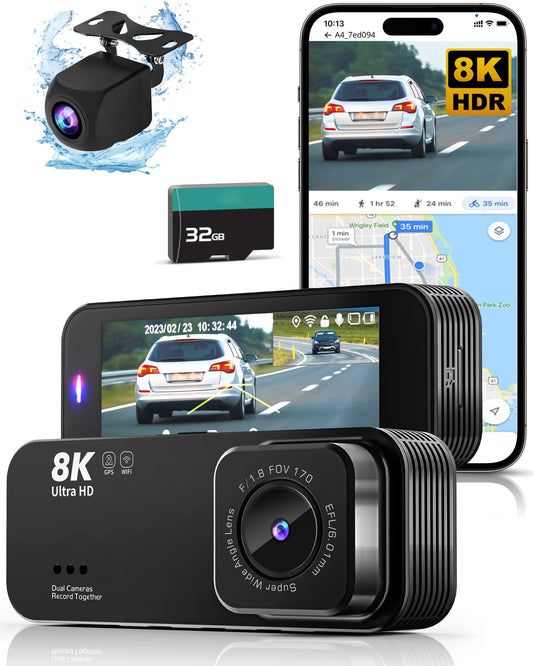 Dash Camera for Cars,Ultra HD 8K Dash Cam Front and Rear, Dash cam with Night Vision,Built-in GPS & GPS,3.16”IPS Screen,170°Wide Angle,WDR, 32GB Card,24Hrs Parking Mode