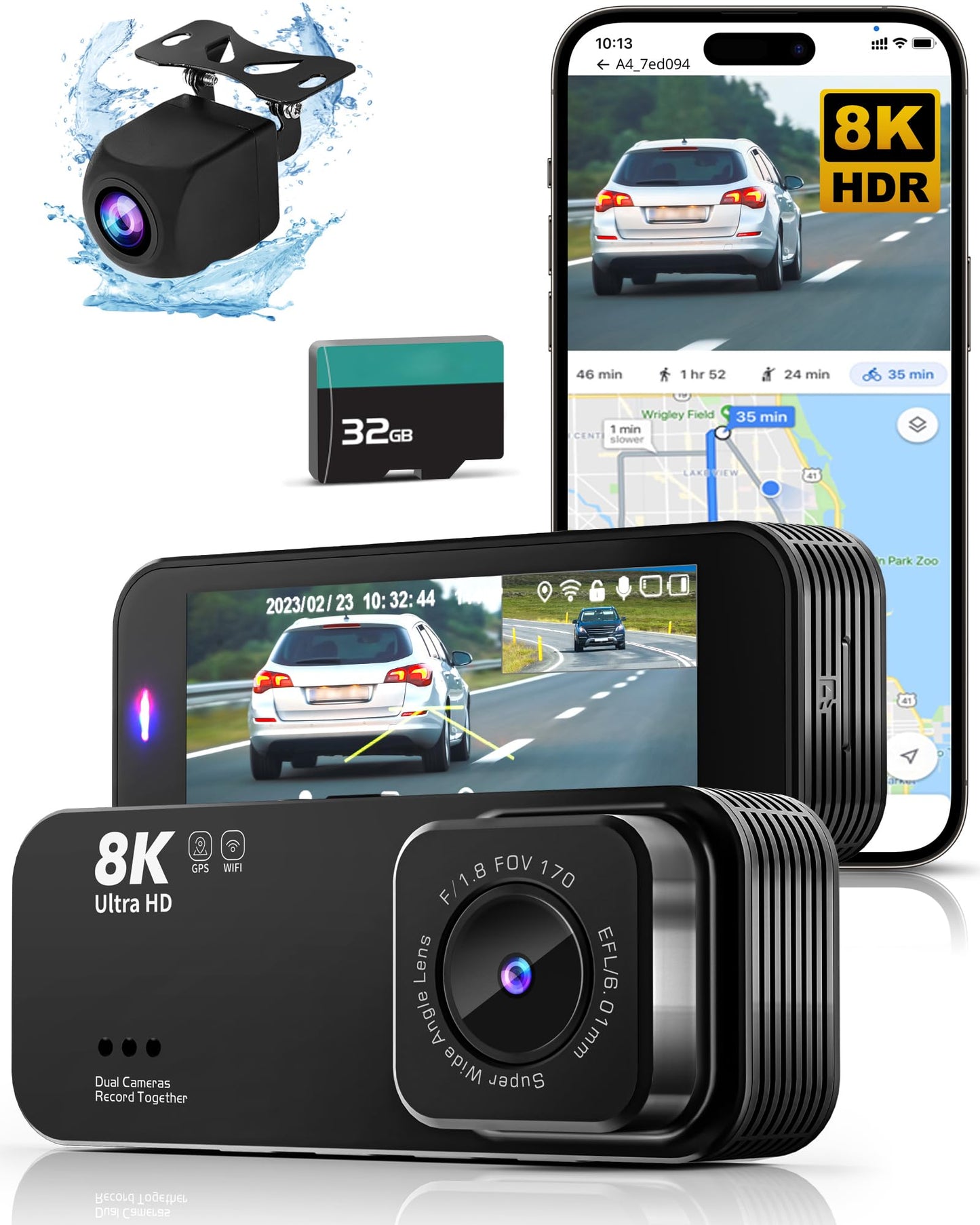 Dash Cam Front and Rear, 8K Ultra HD Dash Camera for Cars, Dash Cam with App Control, 32GB Card, Built-in Wi-Fi & GPS, 3.16”IPS Screen,170°Wide Angle, WDR, Night Vision, 24H Parking Mode