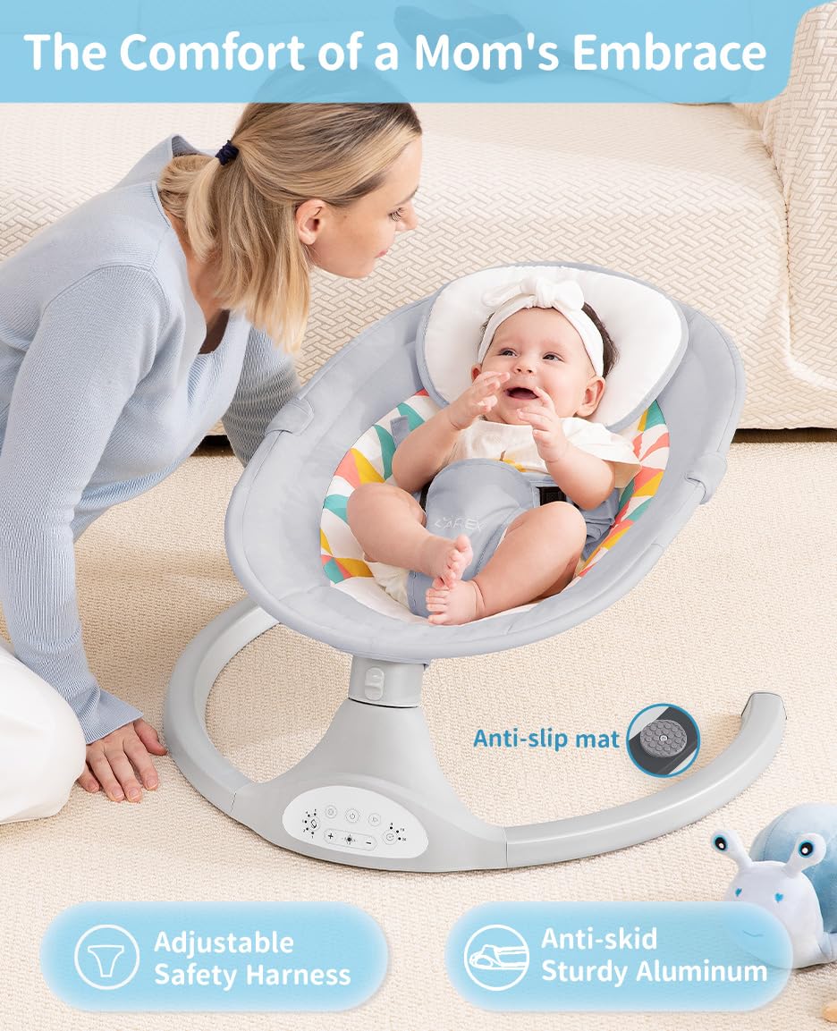 LAREX Baby Swing for Infants, Electric Baby Swings for Newborns Portable Babies Swing with 5 Speeds, Bluetooth Music, Remote Control, Grey