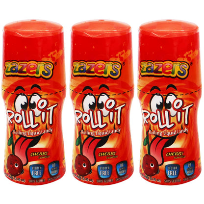 Zazers Sour Rolling Liquid Candy, Cherry Flavored Sour Candy - 3 Pack of Roll-It Bottles - Gluten-Free and No Coloring Added (Kosher 1.35 OZ. each Bottle)