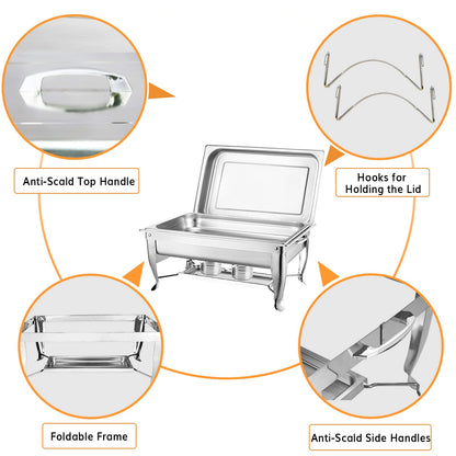 NEW Chafing Dish 9QT 2 PACK Stainless Steel food wamer folding leg chafer Hotel chafing dish 1/1 Buffet Set Foldable Chafer, Chafing dish Set with Fuel Holder, Chafing Servers with cover Food Clip