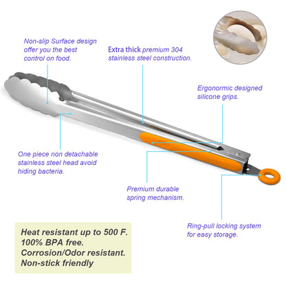 Stainless Steel Kitchen Tongs Set, 9" & 12"