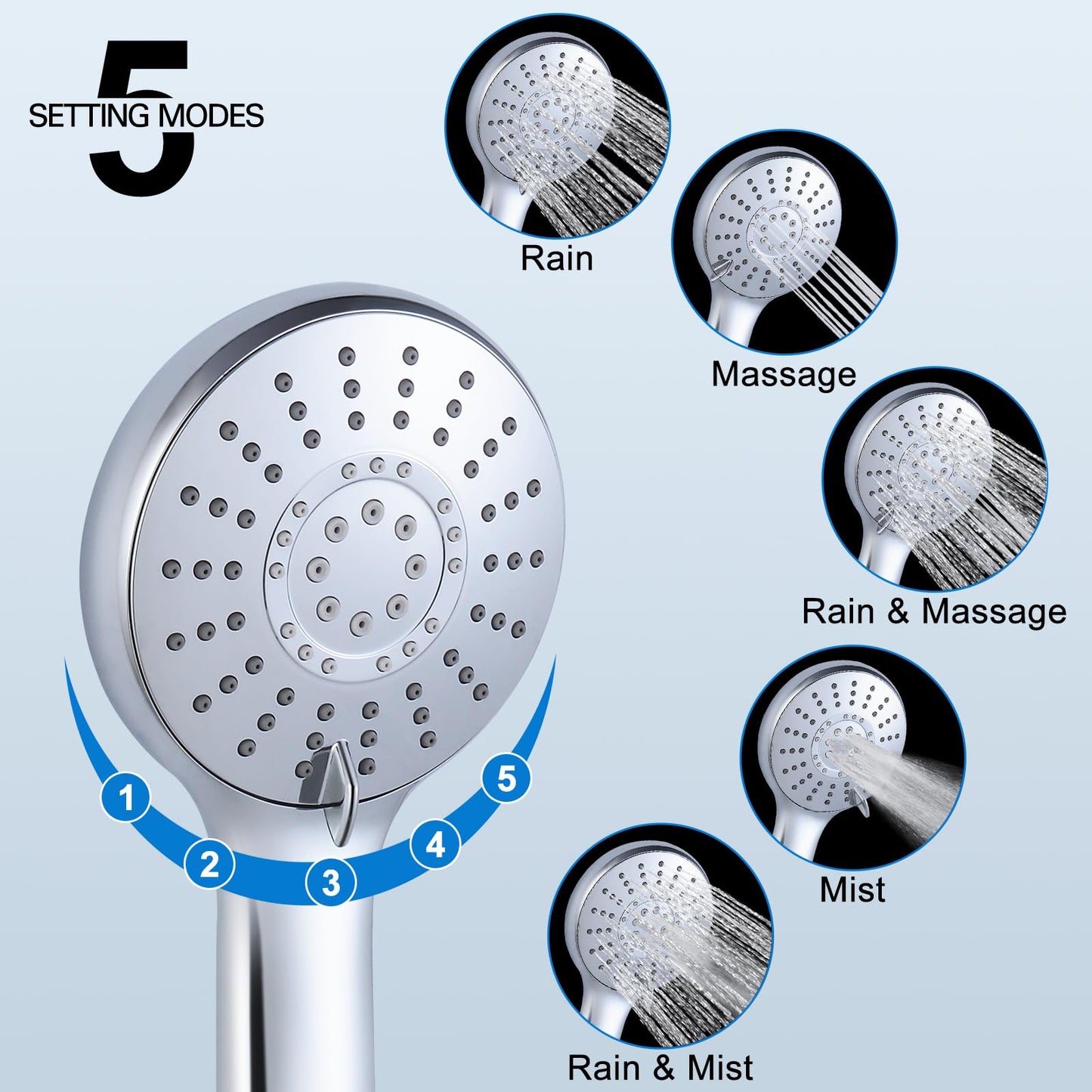 Qomolangma Dual Shower Heads with Handheld Spray Combo, 8 Inch High Pressure Rainfall Shower Head with 11" Extension Arm, 5 Settings Powerful Handheld Spray with 60" Long Hose & Holder