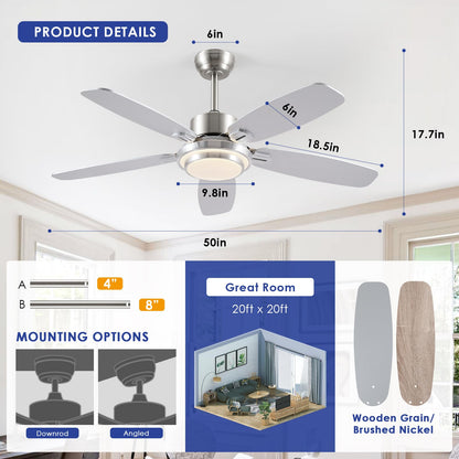 Ceiling Fan with Light and Remote/APP Control,50" Modern Indoor Ceiling Fan with DC Reversible Motor, Quiet 6 Speeds Flush Mount Ceiling fan Light for Bedroom,Dinnig Room,Brushed Nickel