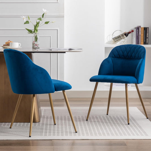 MINPINSER Velvet Dining Chairs Sets of 2, Modern Upholstered Accent Side Chairs with Arm Gold Metal Legs for Kitchen Living Bed Room, Blue