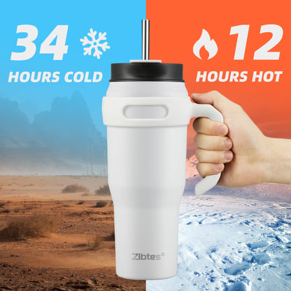 Zibtes 40oz Insulated Tumbler with handle and Lid Straws, Stainless Steel Travel Coffee Cup Holder Friendly, Metal Water Bottle Keeps Drinks Cold up to 34 Hours(White 1 pack)