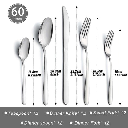 APEO 60 Piece Stainless Steel Silverware Set for 12, Premium Polished Flatware Sets, Forks Spoons and Knives Set, Food-Grade Cutlery Set for Home Kitchen Restaurant Hotel, Dishwasher Safe Utensils Set