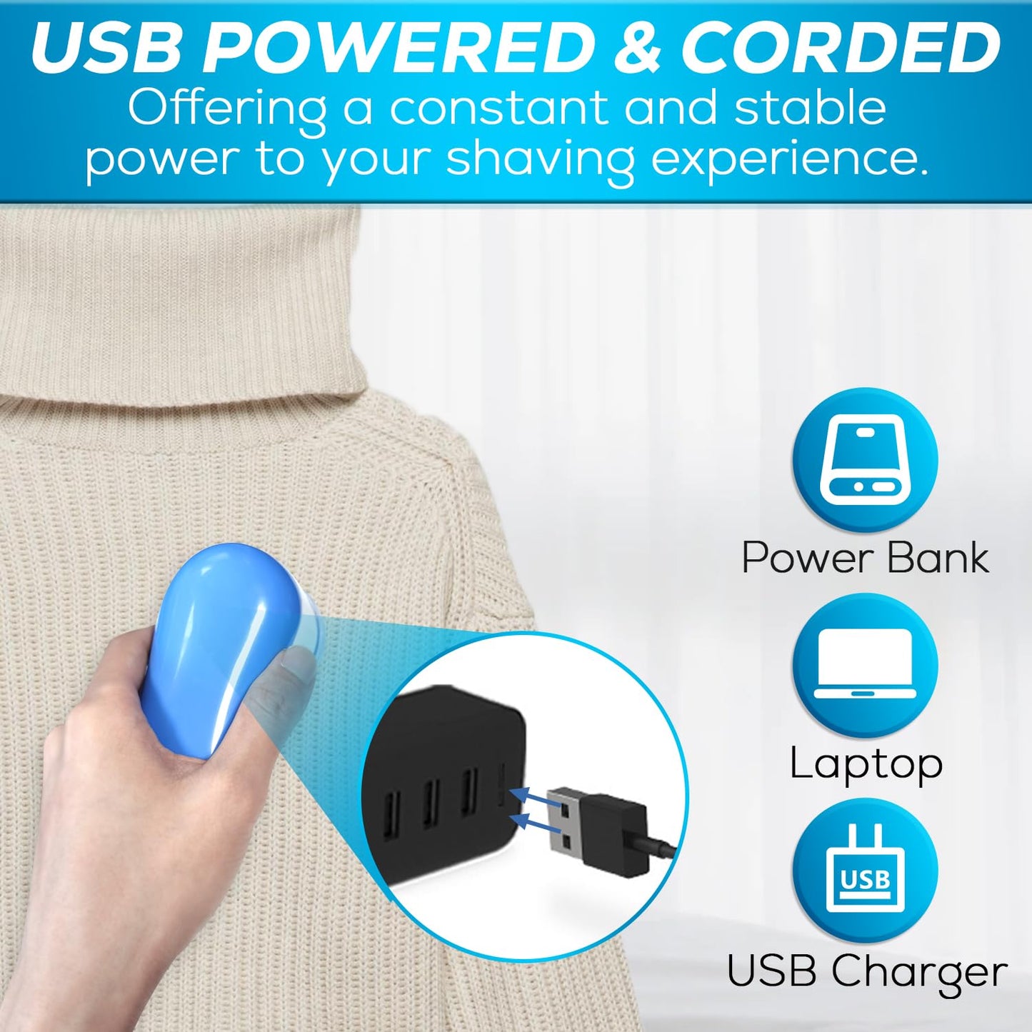 Fabric Shaver Lint Remover, AW union USB Powered Lint Shaver Efficiently Remove Lints from Fabrics, Clothes, Upholstery - 70" Cord - 2 Replacement Blade - Blue