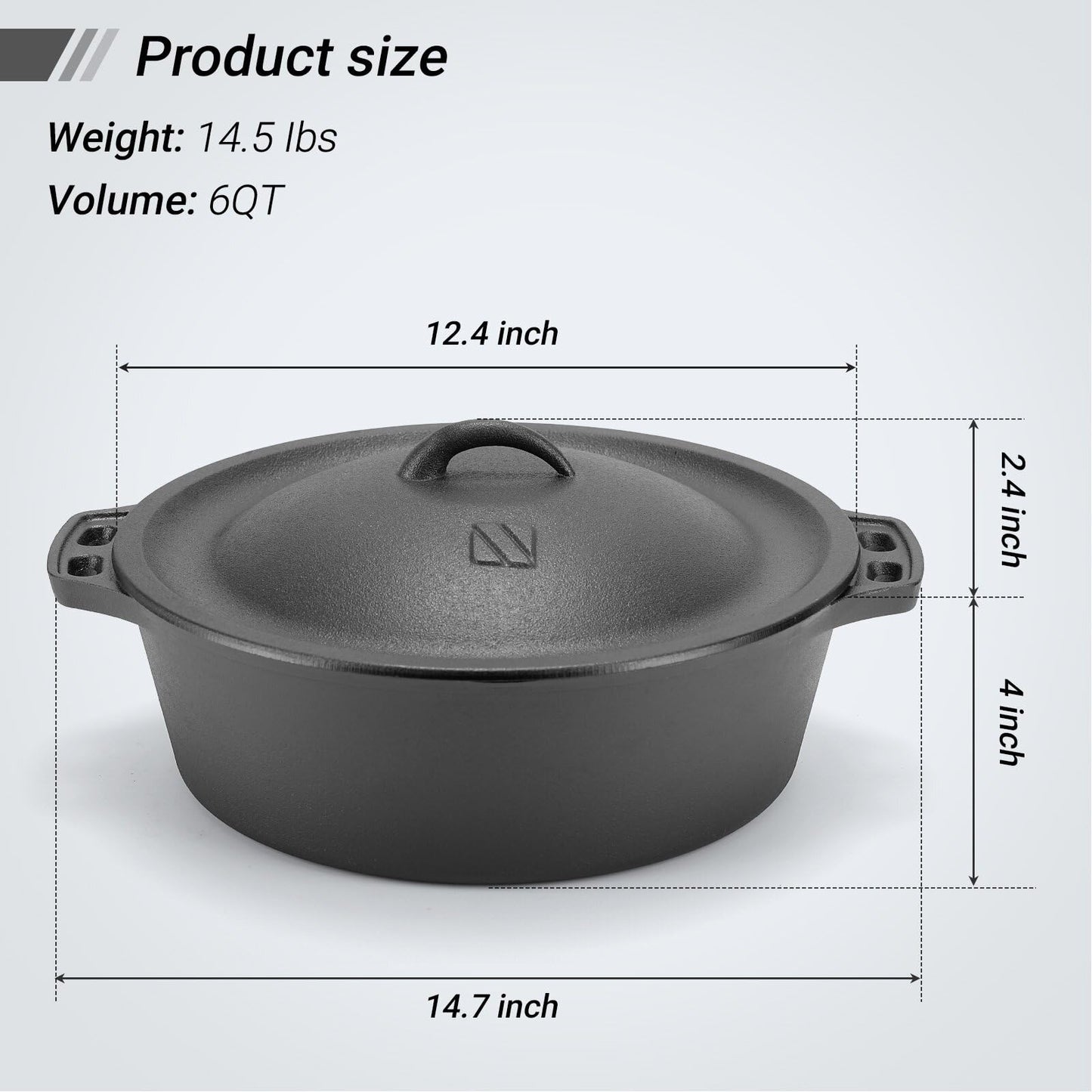 12 Inch Large Pre-Seasond Cast Iron Dutch Oven with Lid, Round Casserole Dishes for Oven,6QT Cookware