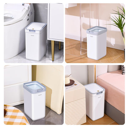 funest Bathroom Trash Can, 2 Pack Small Trash Can, S02 Plastic Waste Basket for Bedroom, Narrow Trash Bin for Home and Office, 3.6 Gal (Press top lid) + 2.4 Gal (Open lid)