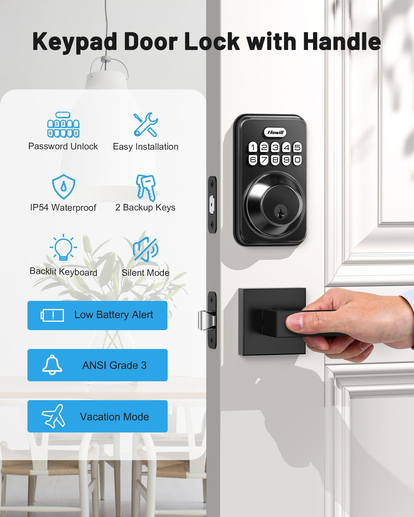 Keyless Entry Door Lock with 2 Lever Handles, Zowill Electronic Keypad Deadbolt, Auto-Locking, Anti-Peeping Password, Digital Smart Code Door Lock, Front Door Handle Sets, Matte Black