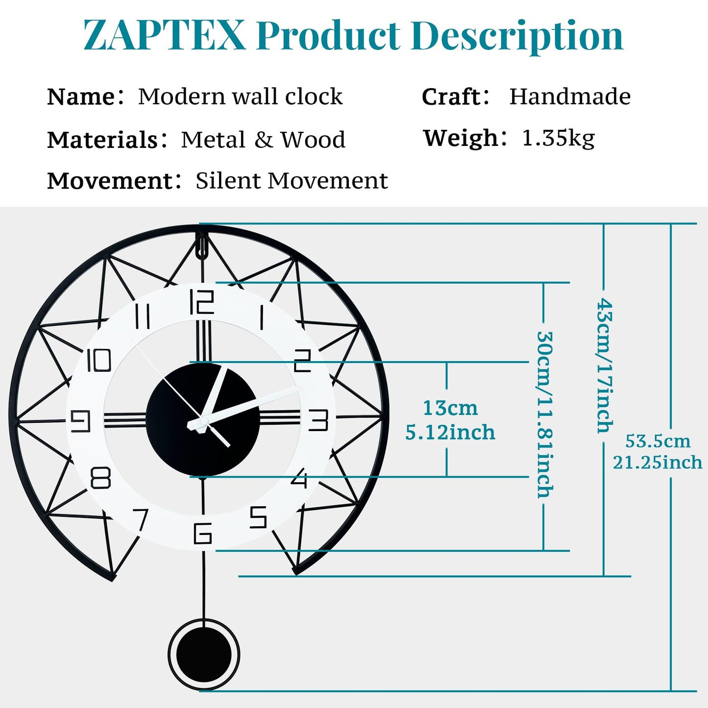 17" Modern Silent Wall Clock with Pendulum