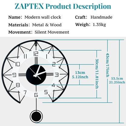 17" Modern Silent Wall Clock with Pendulum