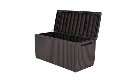 Keter Springwood 80 Gallon Resin Outdoor Storage Box for Patio Furniture Cushions, Pool Toys, and Garden Tools with Handles, Brown