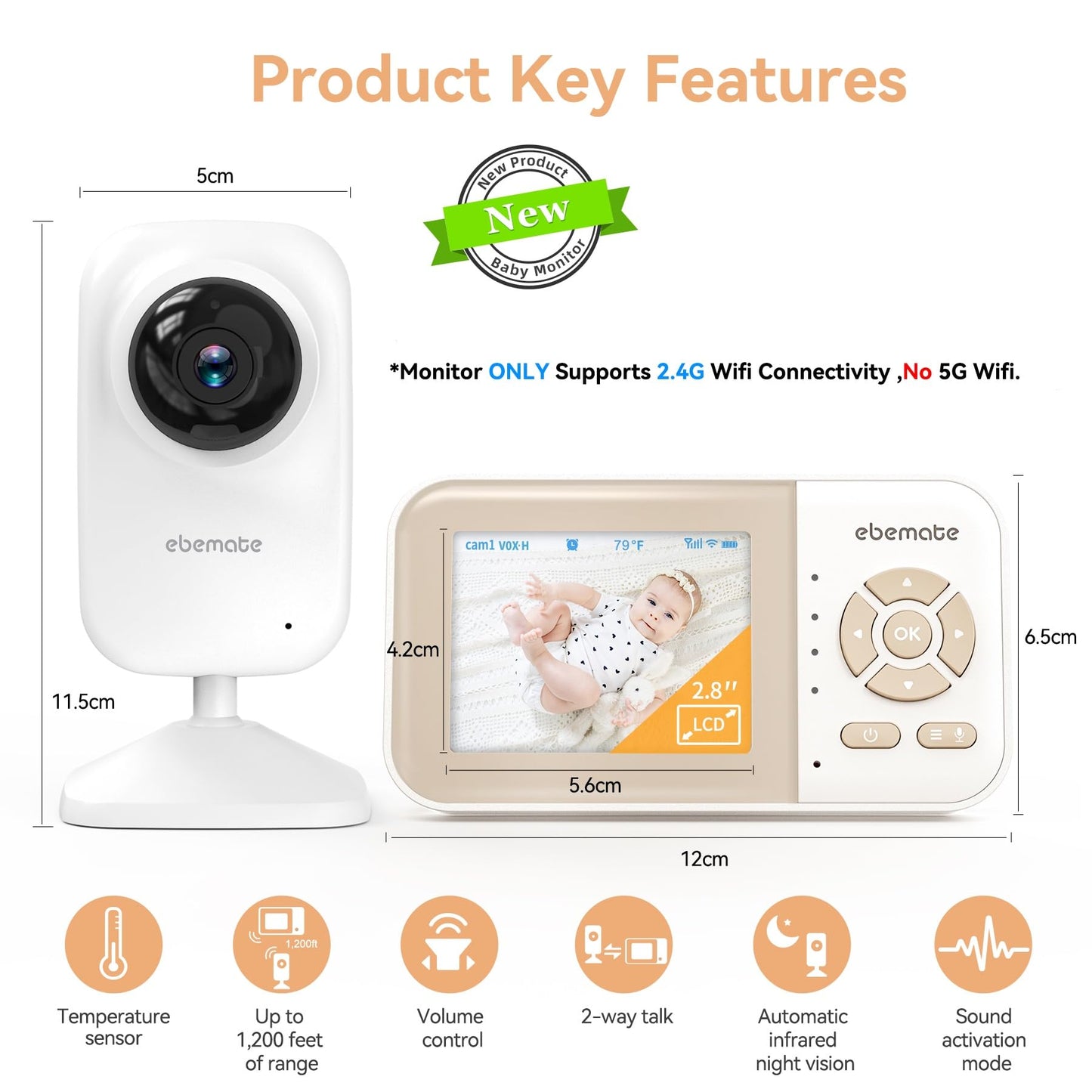 ebemate Video Baby Monitor Camera with 2.8" LCD Screen HD Video & Audio No Glow Night Vision,2-Way Talk Audio Cam Baby Monitoring 1200FT Range EBE28