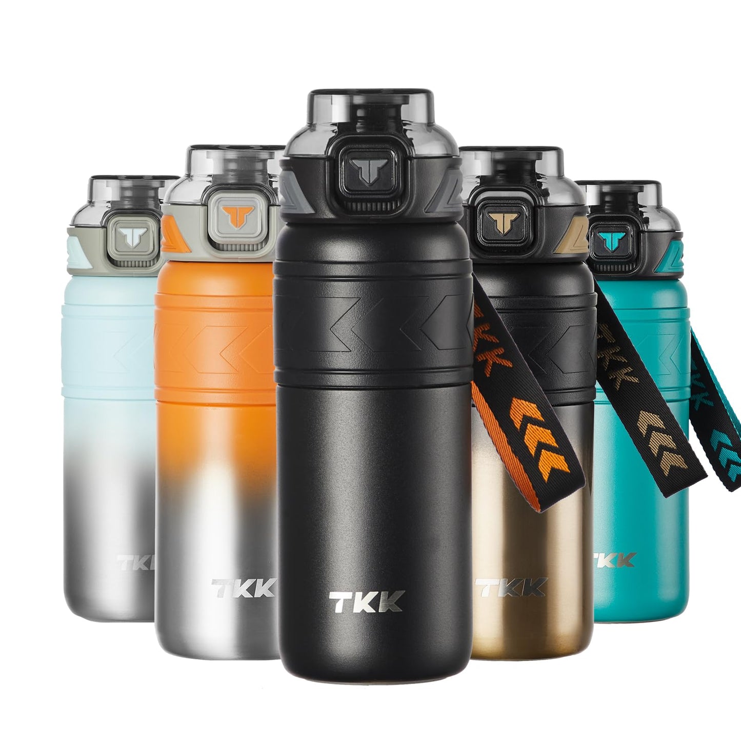TKK 24 oz Insulated Water Bottle with Straw, Leak Proof Stainless Steel Double Wall Vacuum Thermos with Strap, Reusable Metal Sports Water Bottle for Hot & Cold Drinks, Dishwasher Safe, Black