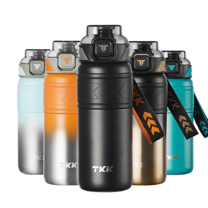 TKK 24 oz Insulated Water Bottle with Straw, Leak Proof Stainless Steel Double Wall Vacuum Thermos with Strap, Reusable Metal Sports Water Bottle for Hot & Cold Drinks, Dishwasher Safe, Black