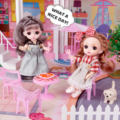 Dollhouse Building Toy Set with 5 Lights,3 Dolls& 2 Pets Princess Doll House and Furniture,Accessories,Stairway,Best STEM Pretend Play Toys for Girls Toddlers 27.7" Tall (9 Rooms)
