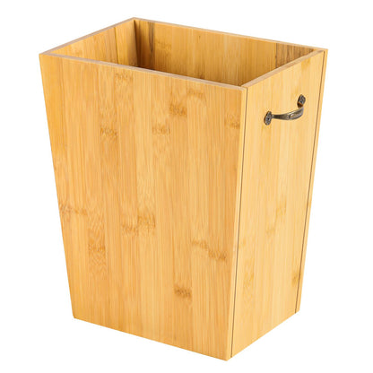 SEHERTIWY Wood Trash Can, Farmhouse Wastebasket Bin for Bathroom, Office, Bedroom, Living Room, Small Square Rustic Garbage Container with Metal Handle (Bamboo-Yellow-Handle)