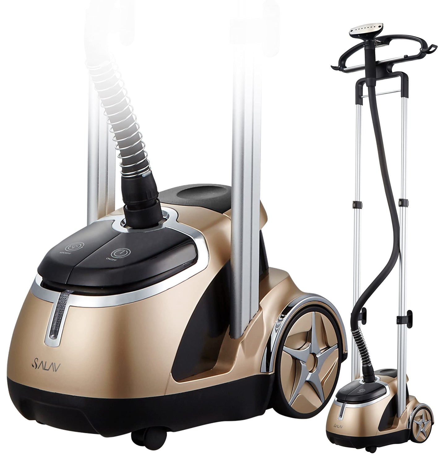 SALAV® Limited Edition Professional Series Dual Bar Garment Steamer with Foot Pedals, Stainless Steel Steam Plate, Retractable Power Cord, 1.8L (60.8 oz) Water Tank, 1500 watts, 60+mins of Steam