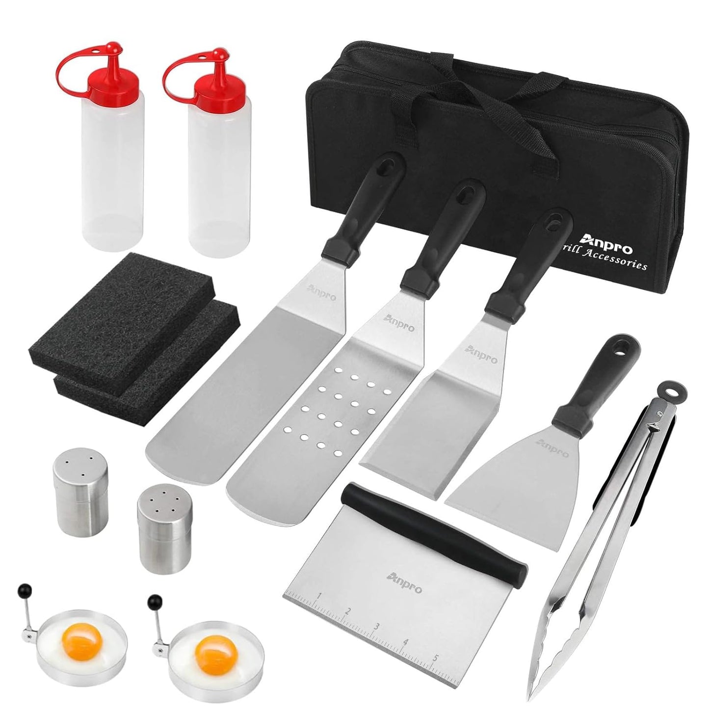 Anpro Griddle Accessories,15 Pcs Anti-Scalding Long Handle Flat Top Griddle Accessories Set for Blackstone,Stainless Steel BBQ Accessories w/Spatula, Basting Cover,Tongs,Egg Mold & Carry Bag