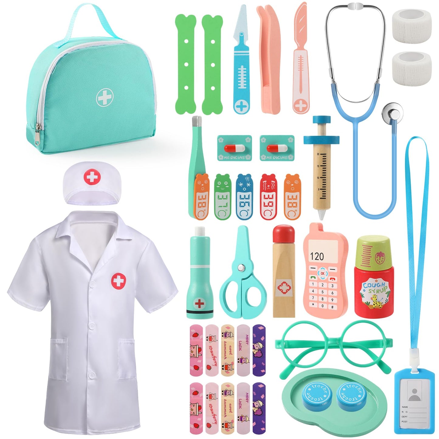 pataoli Doctor Kit for Kids,39 Pcs Pretend Play Doctor Set,Doctor kit for Toddlers 3-5 with Medical Bag,Stethoscope,Dress Up Costume and Wooden Accessories,Fun Role Playing Game