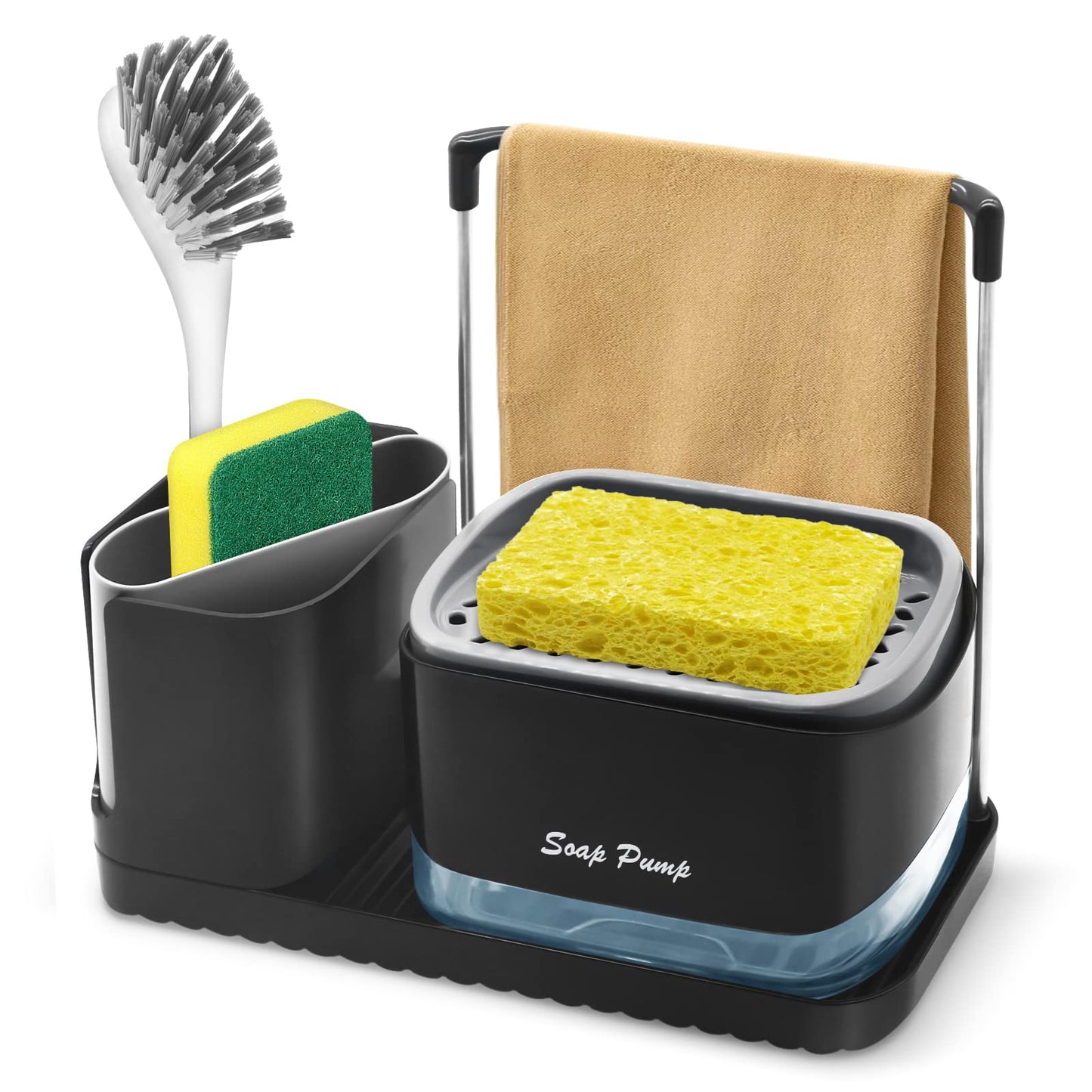 Soap Dispenser with Sponge Holder, SYOUACEND Dish Soap Dispenser and Caddy Set 4-in-1 Sponge Holder for Kitchen Sink Caddy Organizer Detachable Soap Pump Dispensing with Brush Holder