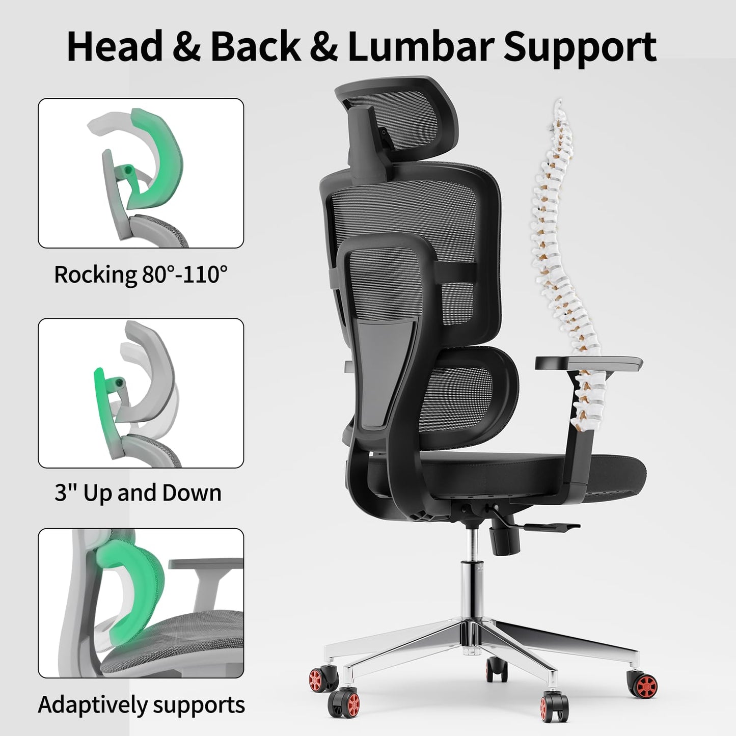 SICHY AGE Big and Tall Office Chair, Home Office Desk Chairs with Lumbar Support and Adjustable Headrest, Ergonomic High Back Office Chairs with Wheels for Work and Study, Black