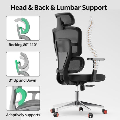 SICHY AGE Big and Tall Office Chair, Home Office Desk Chairs with Lumbar Support and Adjustable Headrest, Ergonomic High Back Office Chairs with Wheels for Work and Study, Black
