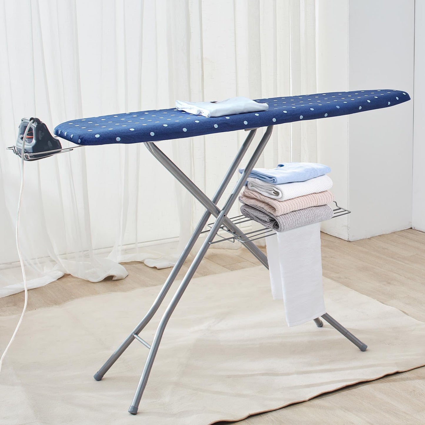 VEVOR Ironing Board with Bottom Storage Tray, Thickened 4 Layers Iron Board with Heat Resistant Cover and 100% Cotton Cover, 10 Adjustable Heights Ironing Board for Home Laundry Room Use (Size 55x15)