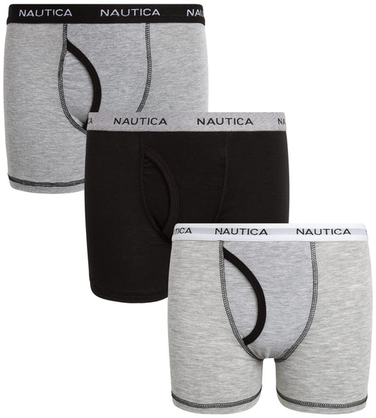 Nautica Boys' Underwear - 3 Pack, 6 Pack Stretch Cotton Boxer Briefs (Size: 4-18), Size 12-14, Black/Light Grey/Medium Grey-3pk