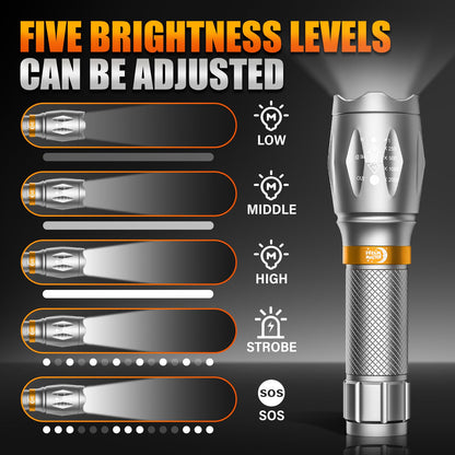 2 Pack LED Flashlights High Lumens with 6 AAA Batteries, 5 Modes Mini Waterproof Tactical Flashlight for Camping Hiking, Bright Flashlight with Zoomable, Fathers Day Dad Gifts for Men, Silver & Orange