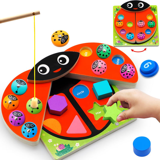 Wooden Ladybug Montessori Fishing Game for Kids