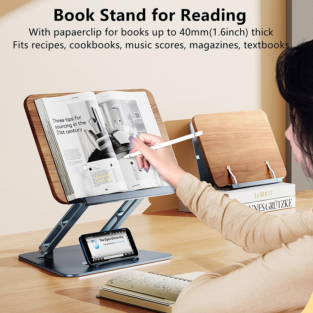 SOARCHICK Ergonomic Computer Stand for Laptop Foldable Book Stand for Reading Angle Height Adjustable Cookbook Stand Wood&Metal Portable Laptop Holder Riser Compatible with MacBook Pro/Air up to 17"