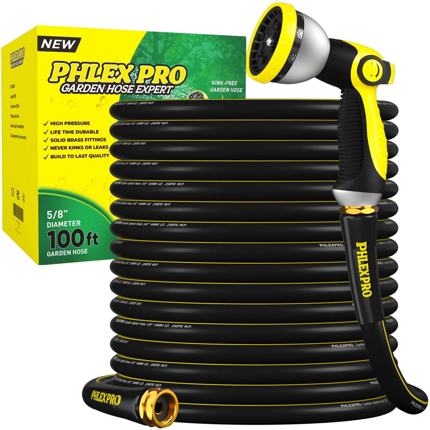 PHLEX PRO 100FT Heavy-Duty Garden Hose with Nozzle